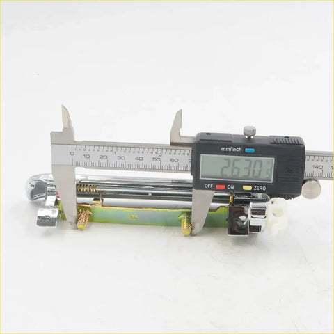 Chrome door handle right side for mazda b-series with chrome finish, green base, and gold screws shown with caliper measurement