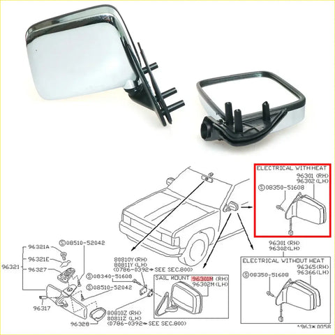 Chrome door mirror set for nissan navara d21 pathfinder with chrome finish white reflective surface and black mount bracket