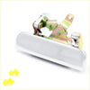 Back side of chrome metal tailgate handle for Mazda Bravo with metallic latch and two yellow plastic caps nearby