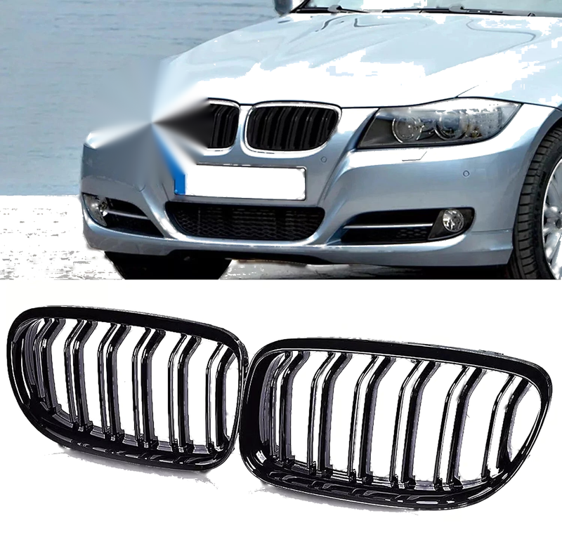 BMW 3 Series E90 E91 Gloss Black Front Kidney Grilles (2008-2011)