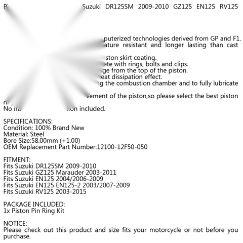 Suzuki RV125 EN125 DR125 Piston Ring Kit +1.00mm (2003-2015)