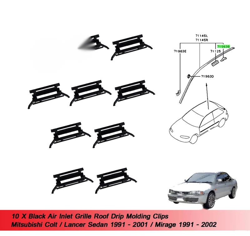 Mitsubishi Colt Lancer Sedan Mirage 10 x Black Roof Moulding Clips (91-01)