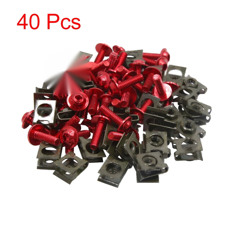 Motorcycle 40pcs M6 U-Type Rivets Fasteners Clips w Red Bolts Screws