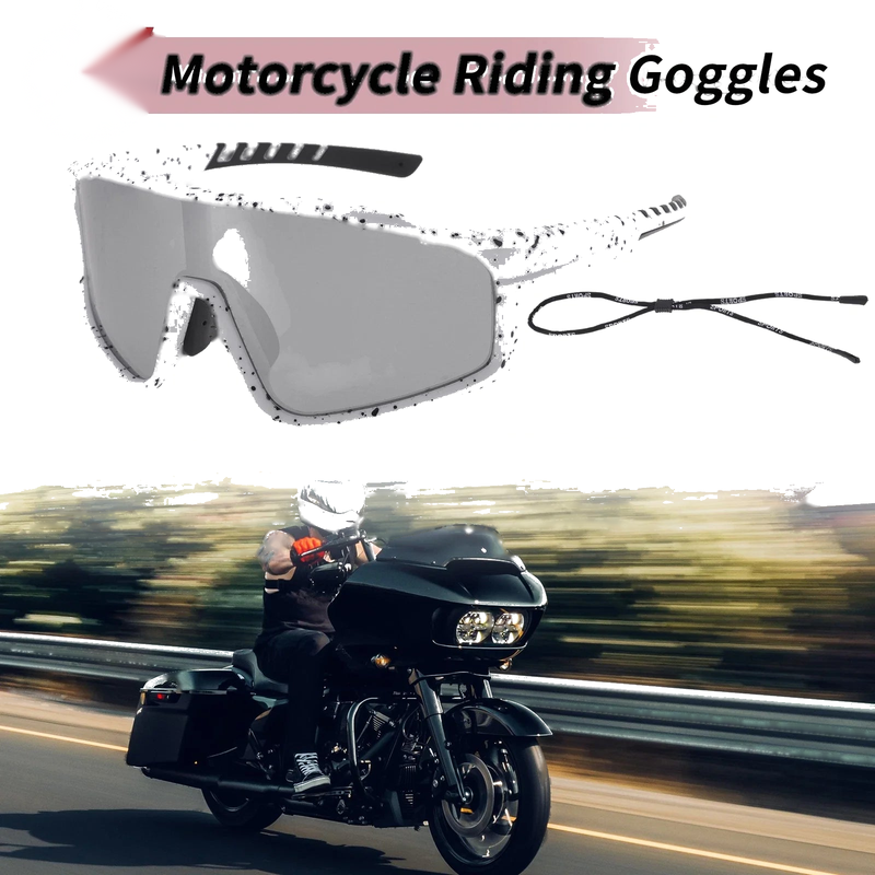 Motorcycle Riding Goggles Silver Tone Gray Lens White Black Frame PC UV400