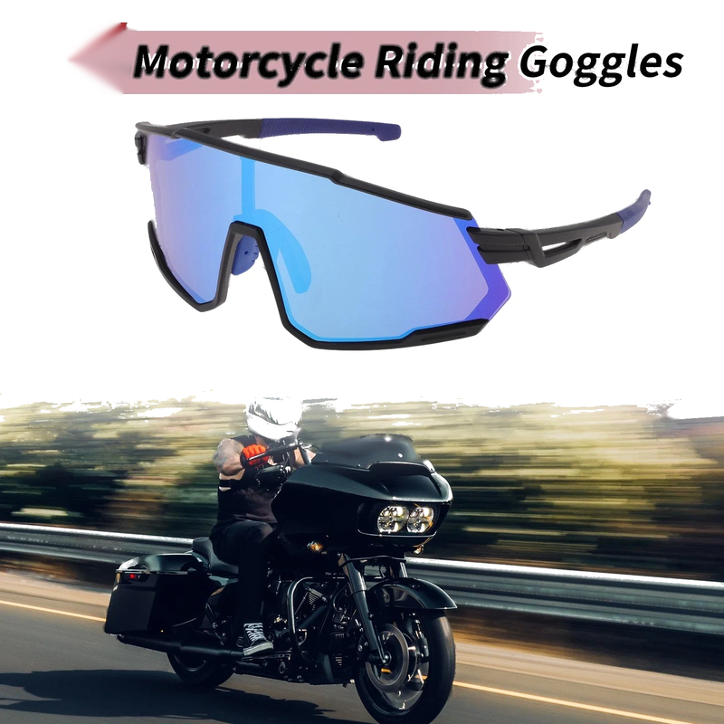 Motorcycle Riding Goggles Blue Lens Black Frame UV400 Cycling Sunglasses
