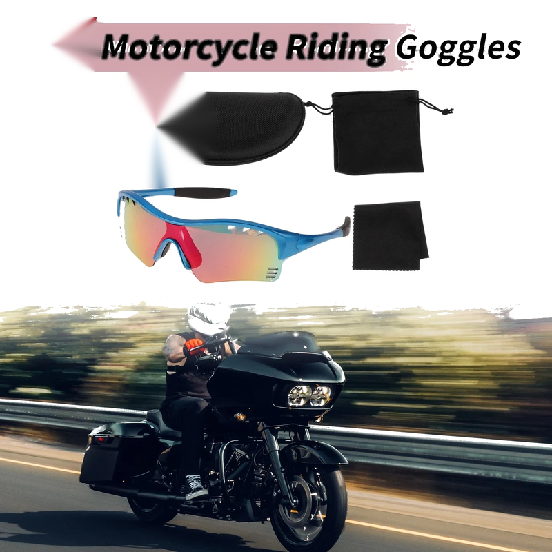 1 Set Motorcycle Riding Goggles Red Lens Blue Frame PC TPU Cycling Sunglasses