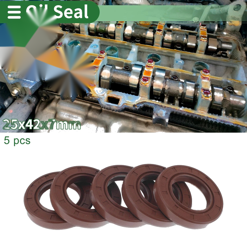 Oil Seal 5 Pcs Seal Ring Rotary Shaft Seal FKM Rubber 25x42x7mm Brown