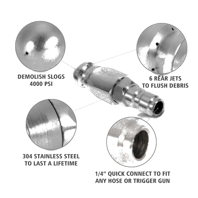 Pressure Washer - Drain Cleaning Sewer Jetter Nozzle 1/4"