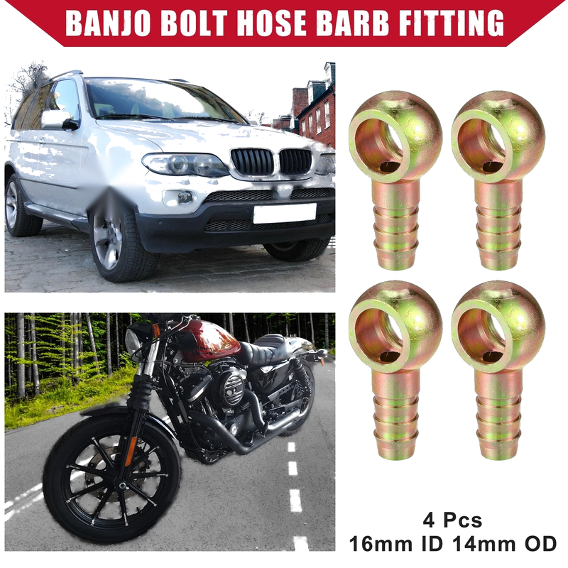 Car Motorcycle Banjo Bolt Hose Barb Fitting 4 x 16mm ID 14mm OD