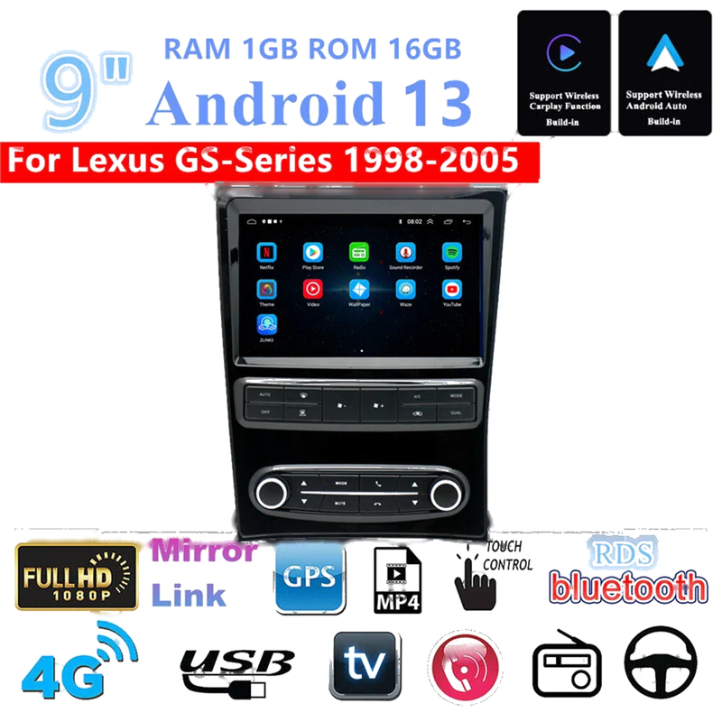 Lexus GS300 GS400 GS430 9" Carplay Radio Stereo GPS Nav Wifi FM Player (98-05)
