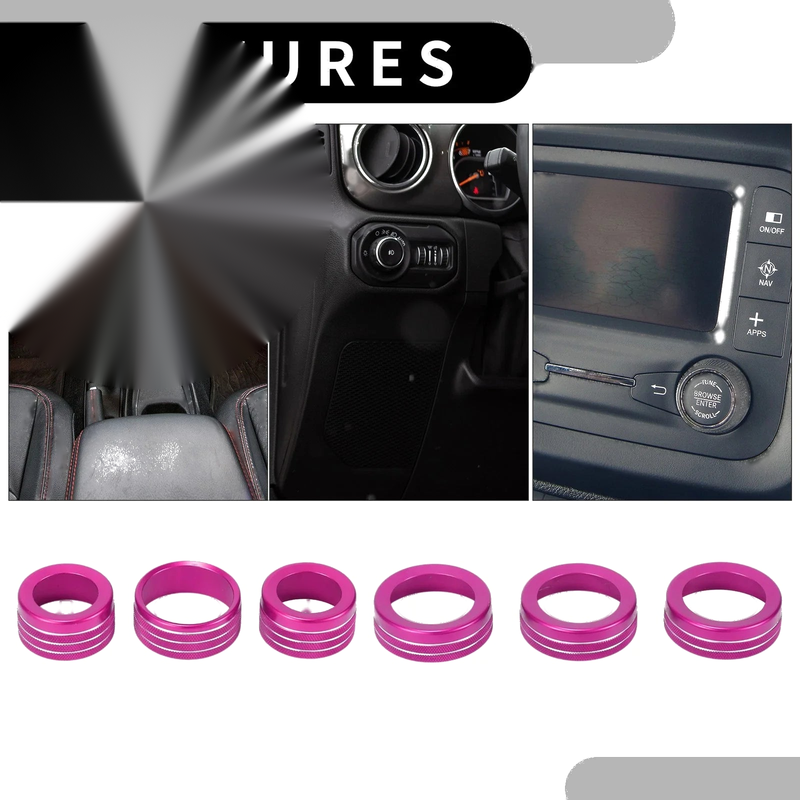 Jeep Wrangler 6 x Pink Headlight Media Switch Knob Cover Rings (2018-2023)