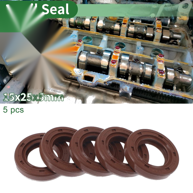 Oil Seal 15x25x5mm FKM Rubber Shaft Seal Brown 5 Pcs