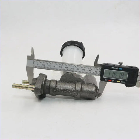 Gray metallic clutch master cylinder with white reservoir and black cap measured by calipers for Mazda Bravo 1985-96