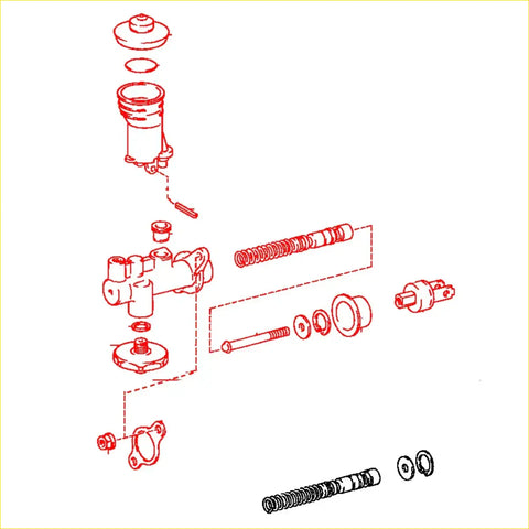 Red line drawing of clutch master cylinder with springs seals and bolts for toyota hilux revo 2015-2023 use