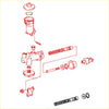 Red line drawing of clutch master cylinder assembly with springs seals and bolts for toyota hilux revo 2015-2024