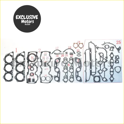 Black rubber gasket set with numbered parts for complete engine assembly on nissan 2.0l vg20de engine