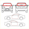 Red outlined car silhouette diagrams showing front rear and side views of complete weatherstrip set for toyota hilux single cab