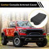 Black microfiber leather center console armrest cover for ram truck shown from the back side