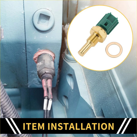 Coolant temperature sensor for toyota land cruiser with green plastic and brass body and metal gasket shown from back side