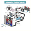 Silver and blue coolant thermostat housing assembly with red fan blades for 1981-1985 toyota pickup
