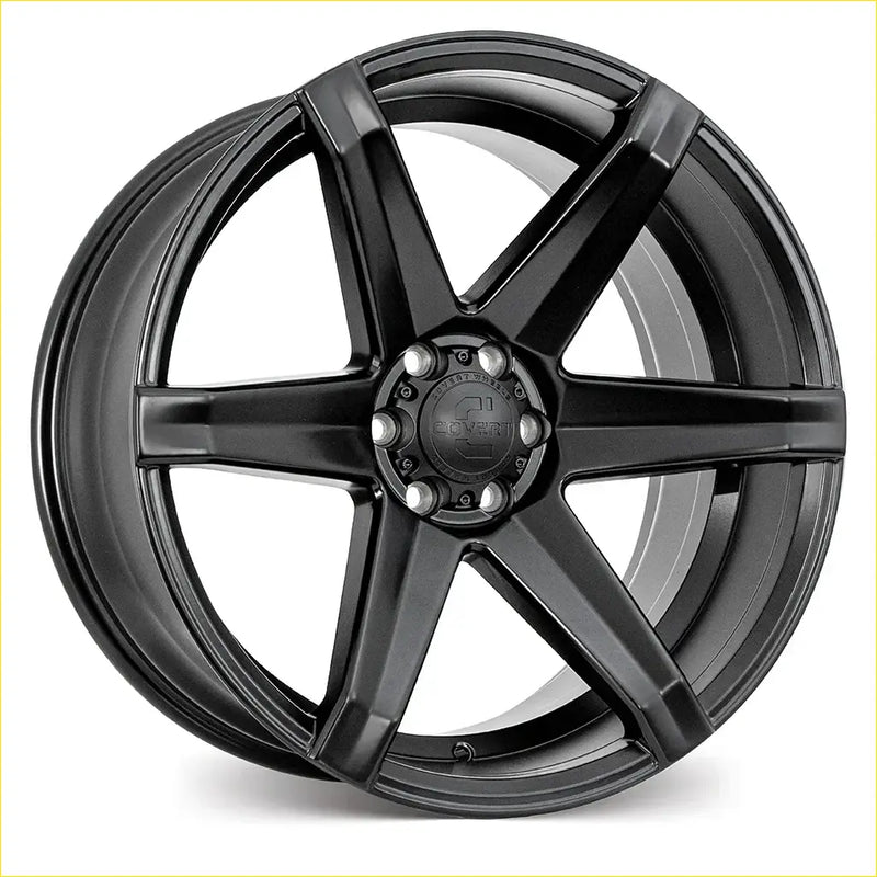 Black matte finished alloy wheel covert rv2 with five bold spokes and covent logo hubcap size 20x9 with 6x139.7 bolt pattern