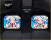 Pair of illuminated car window visors with anime waifu characters holding drinks on bright blue background