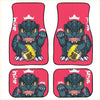 Red car floor mats with cartoon baby godzilla holding gold coins featuring yellow eyes sharp teeth and claws