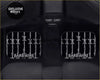 Black custom car floor mats with white barbed wire design and barbwire text for a bold interior look