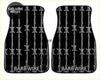 Black custom barbwire floor mats with white barbed wire design and barbwire text for car interiors