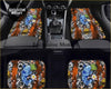 Set of four custom blue koi car floor mats with intricate koi designs on vibrant orange and black background