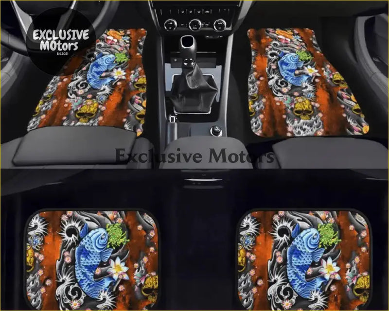 Set of four custom blue koi car floor mats with intricate koi designs on vibrant orange and black background