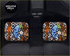 Custom blue koi floor mats with intricate black and white tattoo style designs on orange background for car floors