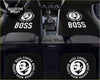 Custom boss coffee black car floor mats with white logo and portrait design for stylish interior protection