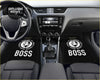Custom boss coffee black car floor mats with white boss text and circular logo featuring a mans face for interiors