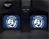 Blue rectangular car floor mats with white coffee boss logo featuring a stylized mans face and arced text