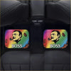 Vibrant rainbow-colored car floor mats with a black and white stylized boss caricature and bold white boss lettering