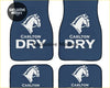 Navy blue car floor mats with white horse logo and carlton dry text perfect for custom car interiors