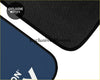 Black textured car floor mat with navy blue and white on logo for custom carlton dry floor mats