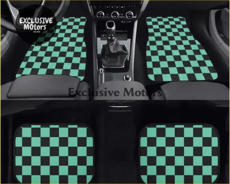 Custom demon slayer tanjiro haori teal and black checkered car floor mats designed for style and durability