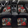 Custom devil floor mats featuring red and black japanese demon designs with intricate details for car interiors