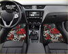 Custom devil floor mats with vibrant red and white floral skull design and black accents for car interiors