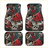 Set of four black custom devil car floor mats with a red japanese demon holding drums and gold bells design