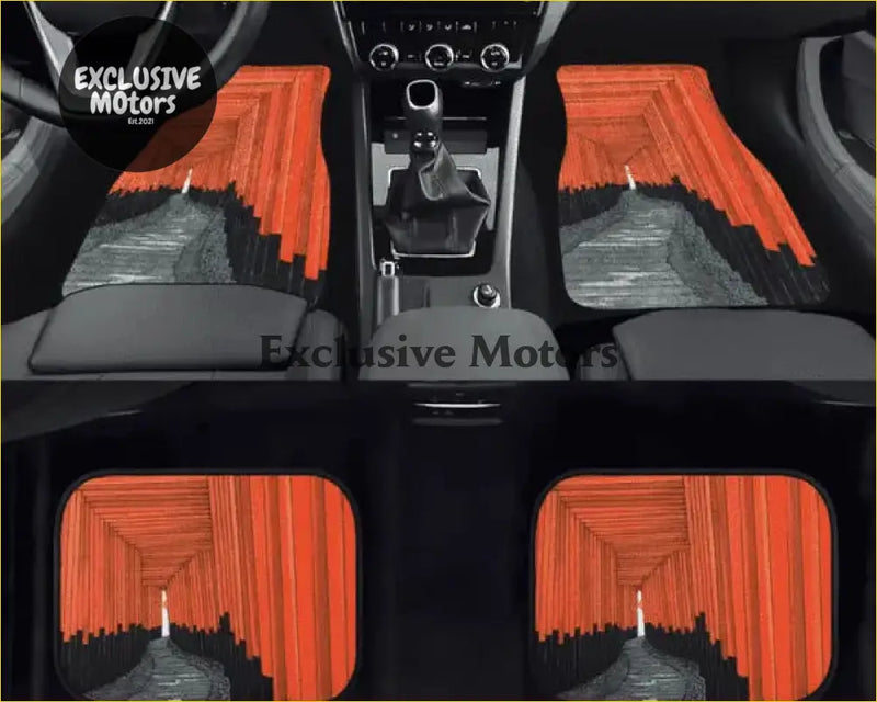 Custom fushimi inari orange and gray tunnel-themed car floor mats with geometric perspective design for stylish protection