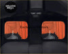Black luxury limousine interior showing custom fushimi inari orange curtain floor mats with rectangular window view