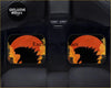 Custom godzilla floor mats black silhouette design with vibrant orange and yellow sunset perfect for car interiors