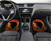 Custom godzilla floor mats in black and orange with fiery background design for a bold car interior look