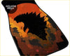 Black godzilla silhouette car mat with fiery orange red background perfect for custom floor mats in cars