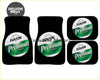 Set of black custom hahn premium floor mats with a green and white circular light logo for car interiors