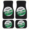 Set of four black car floor mats with circular green and white hahn premium light beer logo custom design