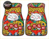 Custom hello cat car floor mats in vibrant red and gold with traditional chinese fortune symbols design